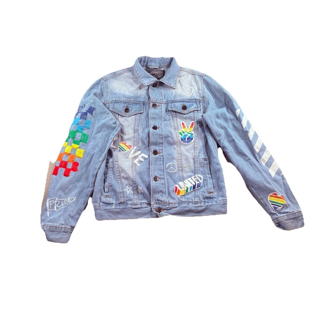 Brooklyn Cloth Pride Jean Jacket Doodle Blue Denim Peace Love United Mens Size S